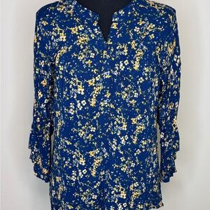Lauren Conrad Blouse Womens Small Blue Yellow Floral Button 3/4 Sleeve Spring